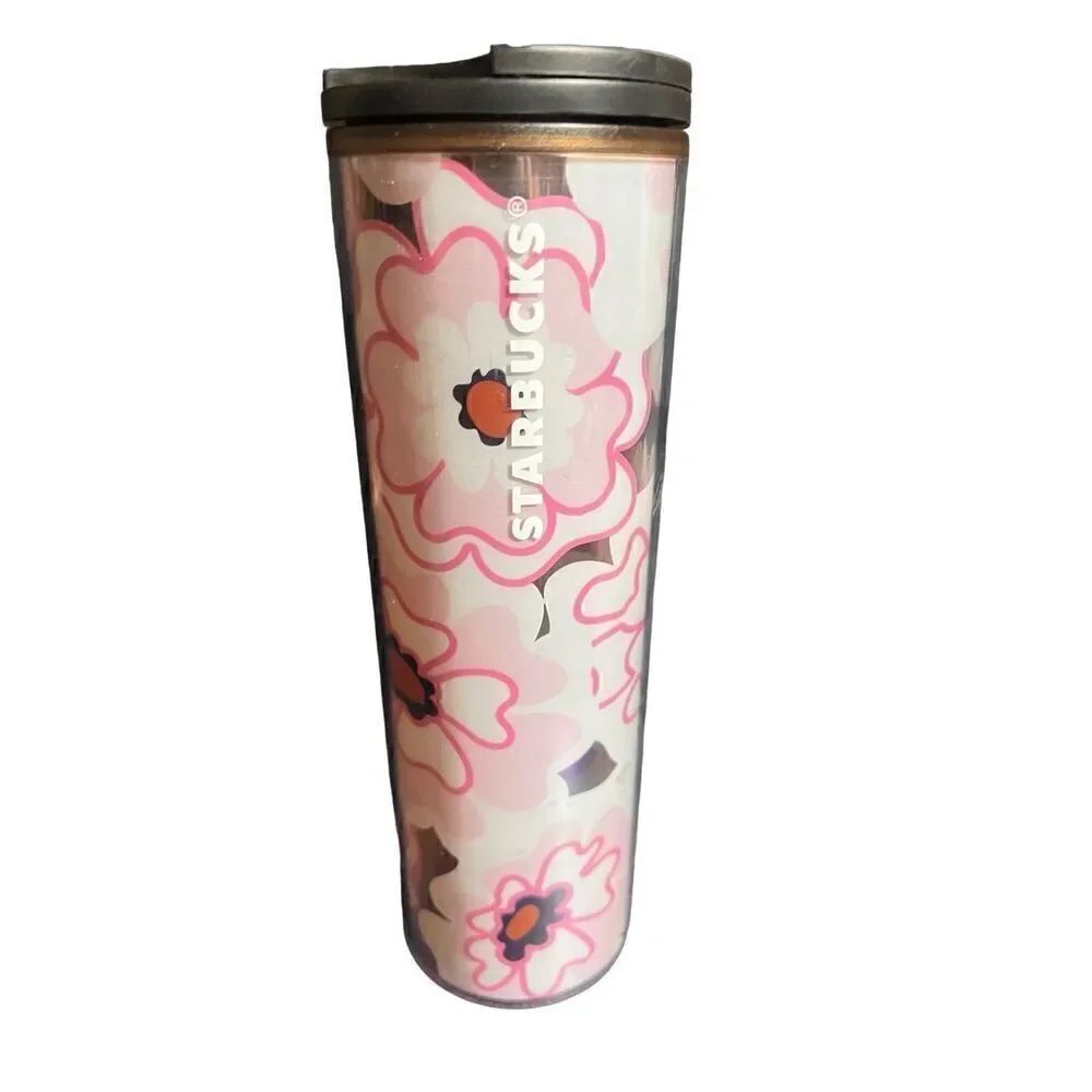 Starbucks Pink Floral Gold Foil Summer Slim Acrylic Tumbler With Lid